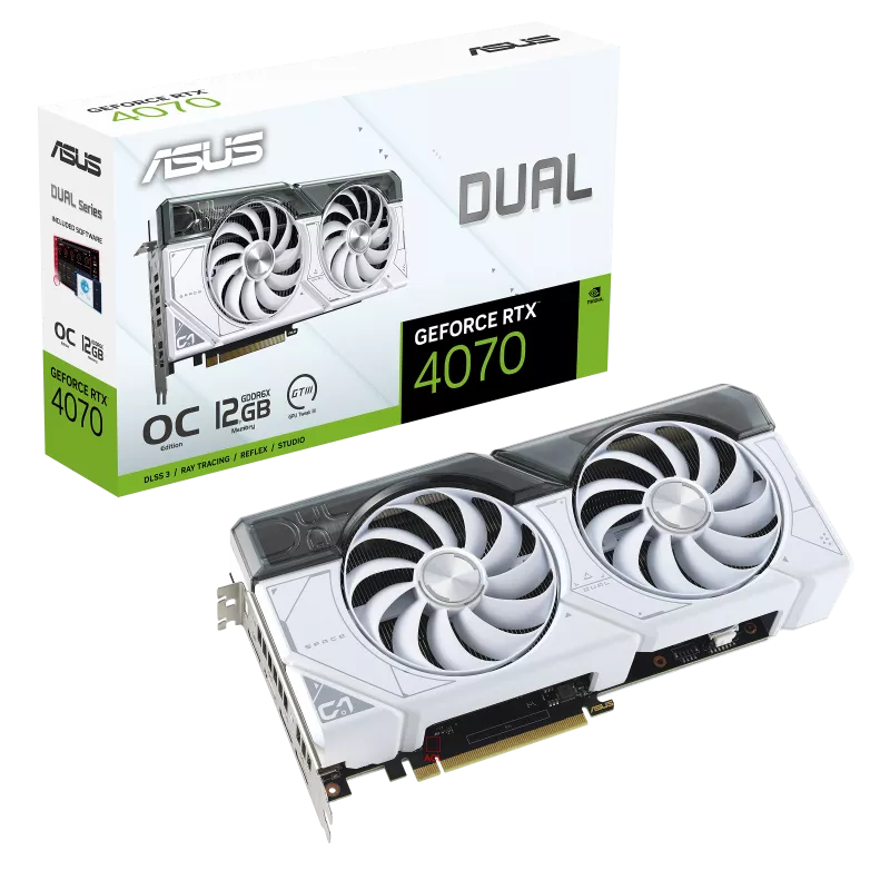 ASUS Dual GeForce RTX 4070 OC Edition Graphics Card, 12GB GDDR6X 192-bit - White ASUS Dual GeForce RTX 4070 OC Edition Graphics Card, 12GB GDDR6X 192-bit - White
